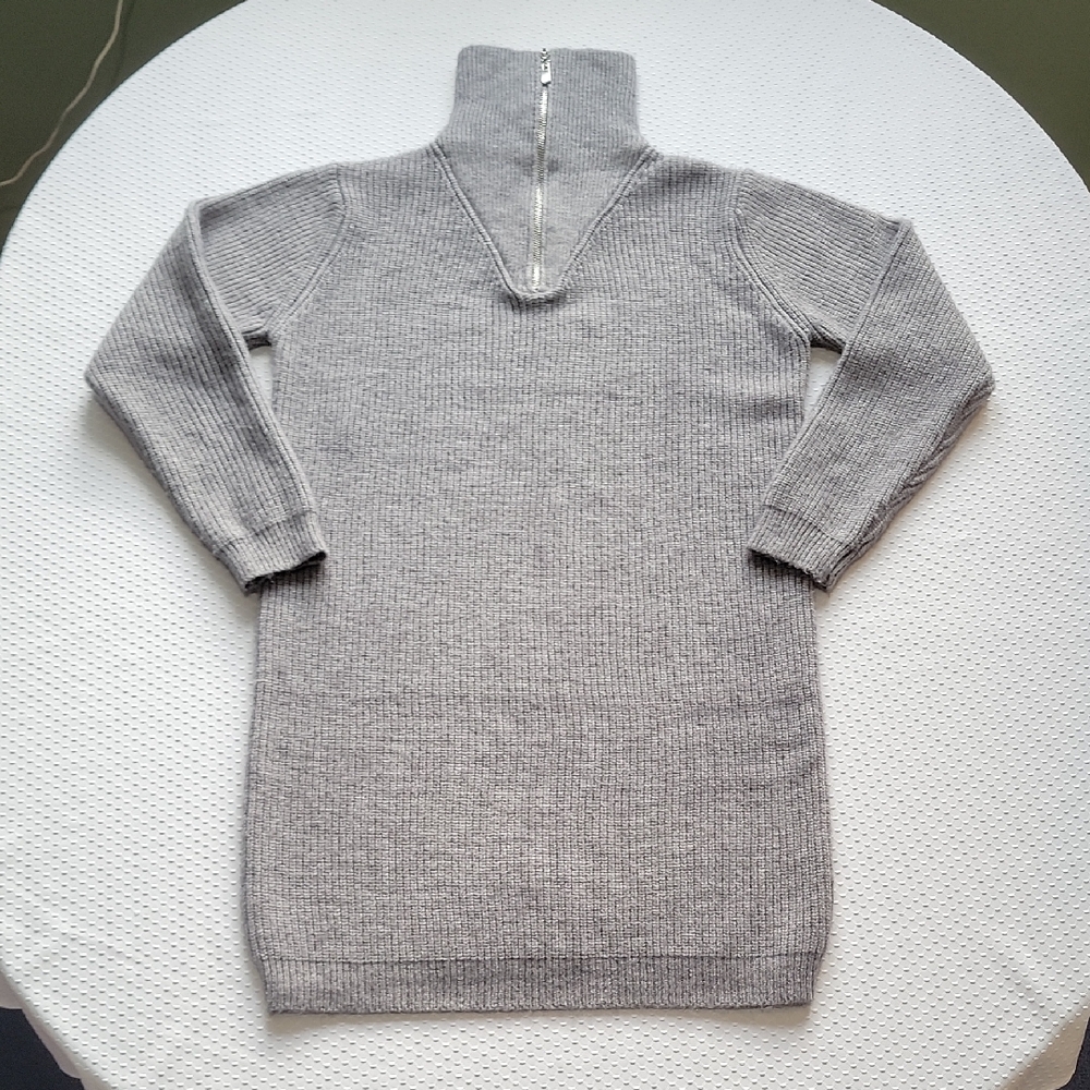 Grey Ribbed Minimal Straight Knit Knee Length Sweater Dress W/ Lapel Half Zipp